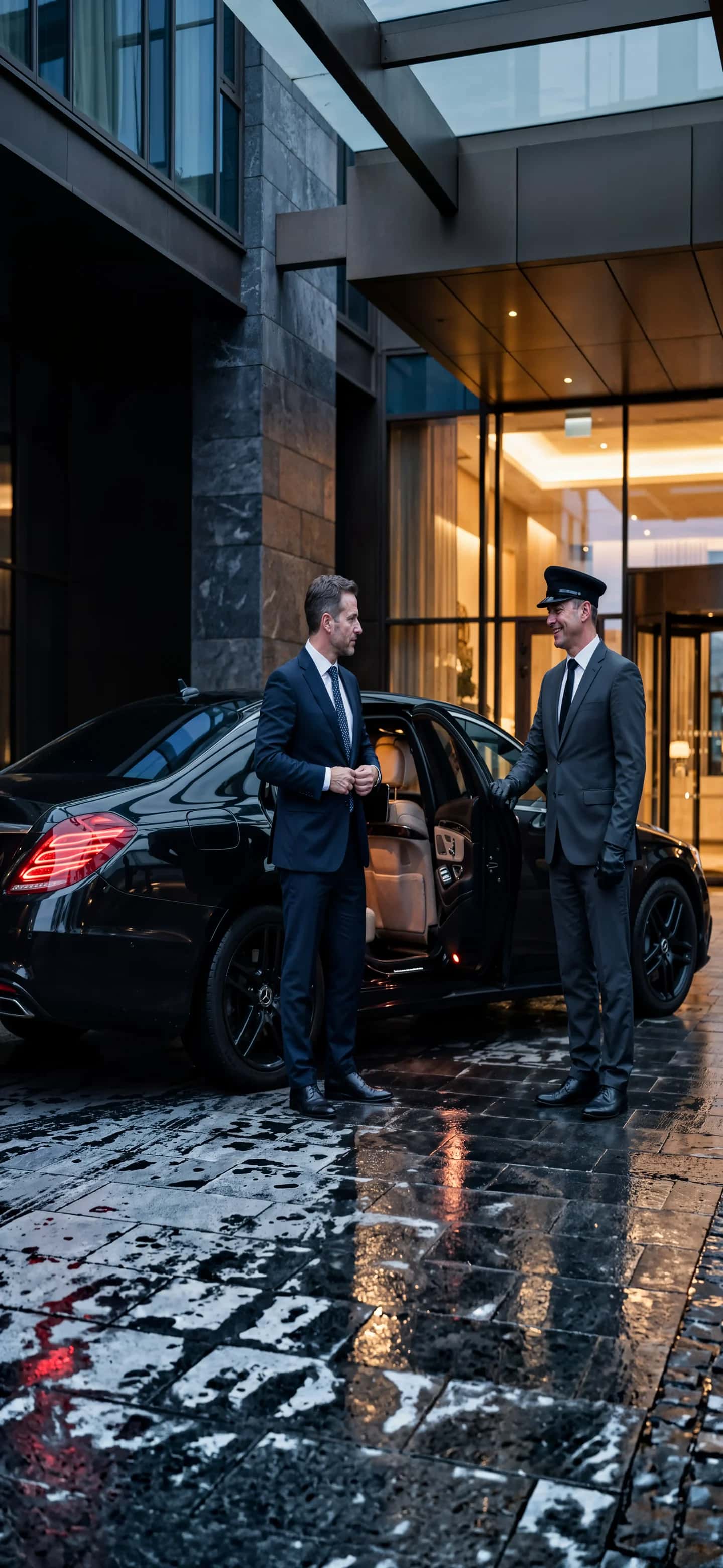 Professional chauffeur beside a luxury sedan