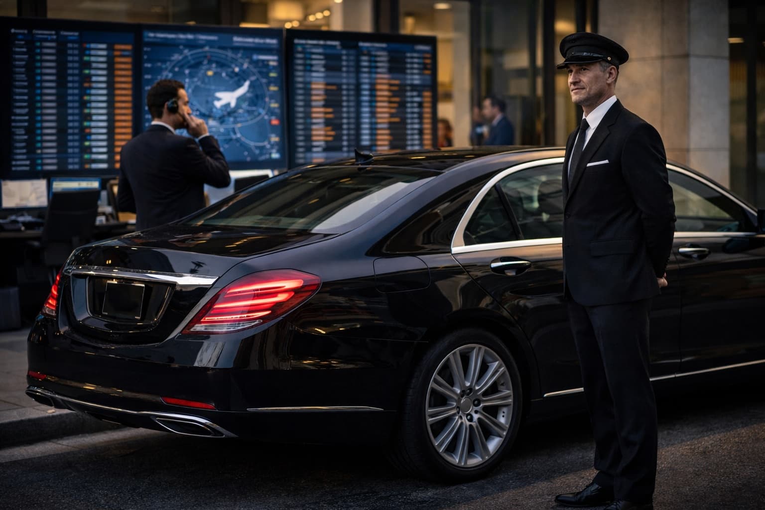Professional chauffeur beside a black luxury sedan at the airport