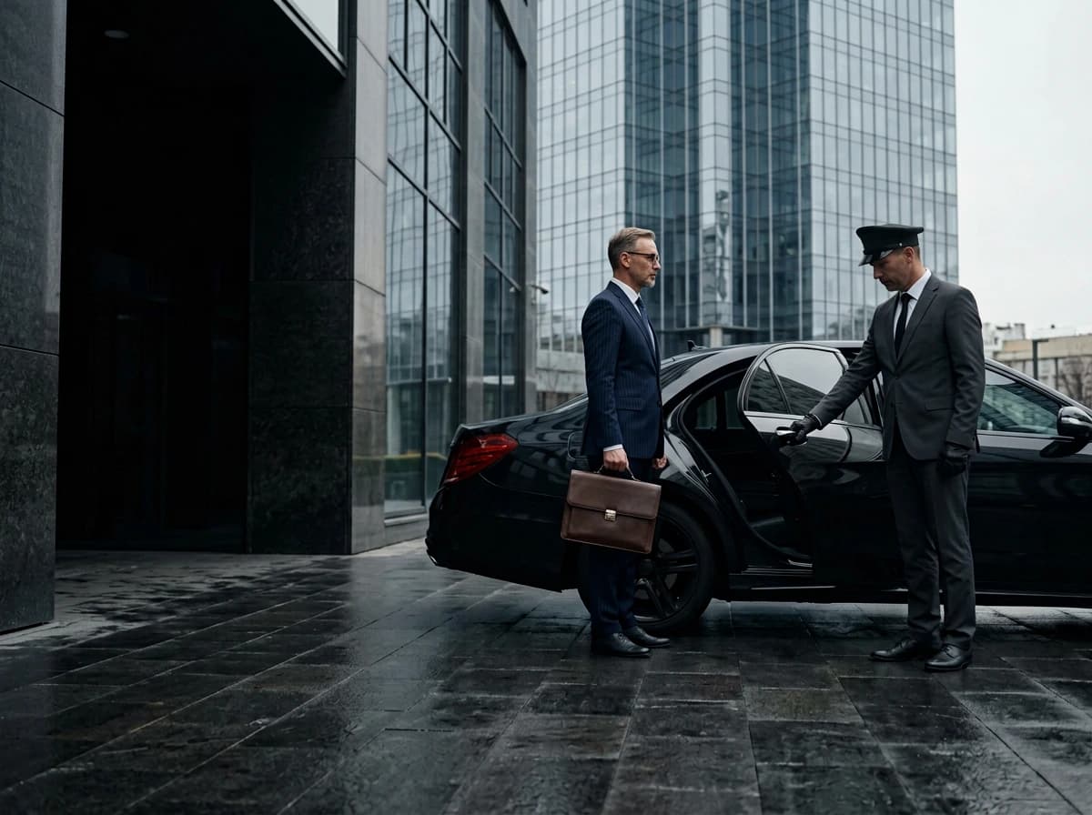 Executive with a briefcase beside a black sedan outside a glass corporate tower