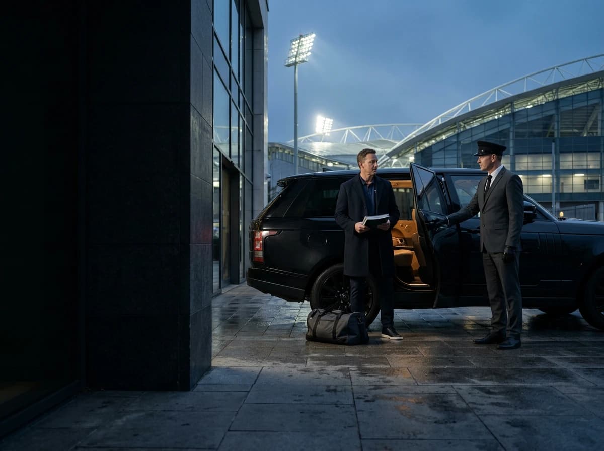 Chauffeur holding an SUV door open outside a floodlit stadium at dusk